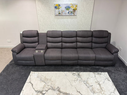 Willow Grey Easy Clean Fabric 5 Seater Sofa With Drinks Console | Fold Down Tray Table, High Headrest & Seating Position Couch