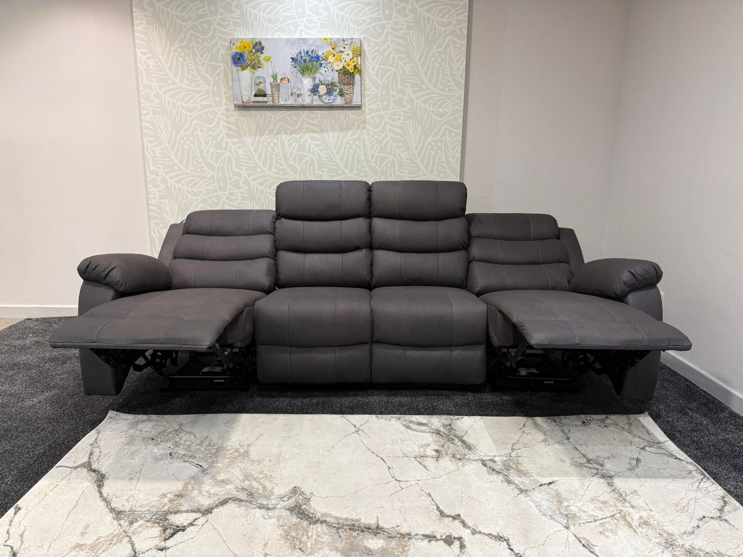 Willow Grey Easy Clean Fabric 4 Seater Sofa | Fold Down Tray Table, High Headrest & Seating Position Couch