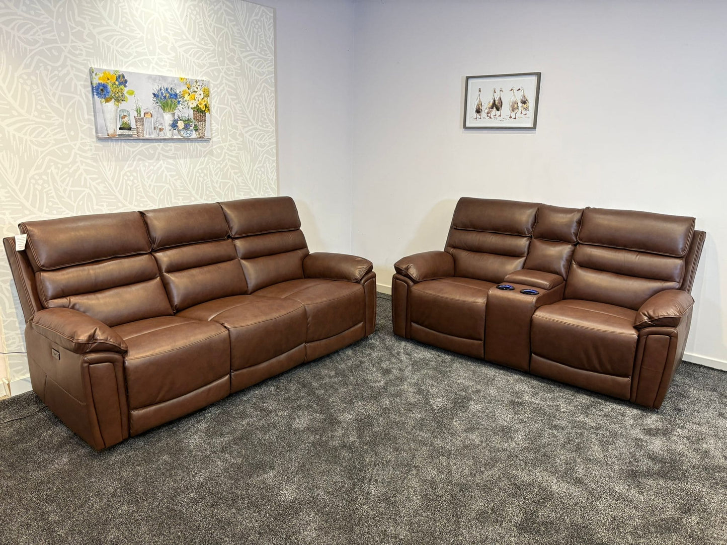 Donald Brown Leather Electric / Power Reclining Sofa Range Suite Set With USB Charging Ports & Drop Down Tray Table