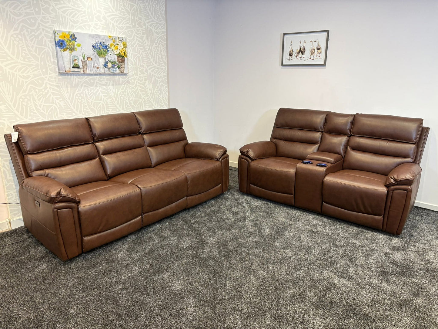 Donald Brown Leather Electric / Power Reclining Sofa Range Suite Set With USB Charging Ports & Drop Down Tray Table