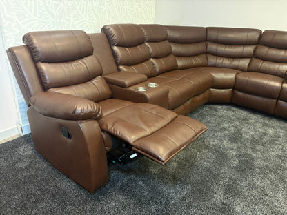 "Lando" Brown Leather 3C3C Recliner Corner Sofa Reversible | Drinks Tray Table | Modular