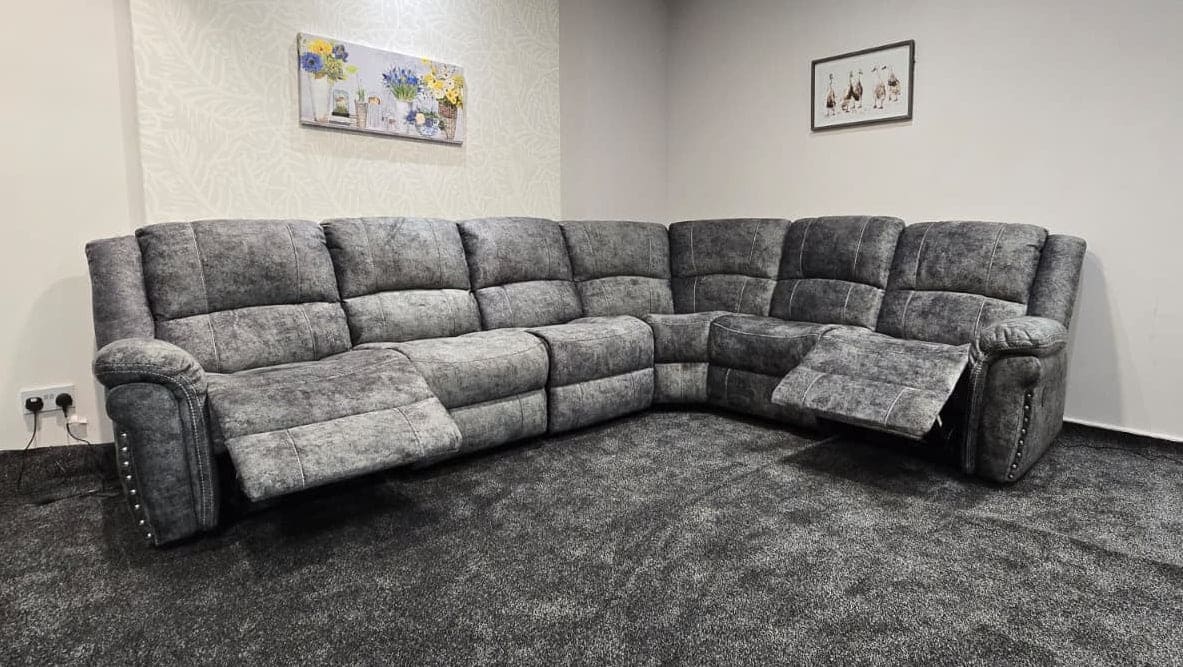 GALAXY Grey Plush Velvet Fabric Electric Reclining 3C2 Corner Sofa & USB Ports