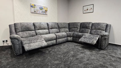 GALAXY Grey Plush Velvet Fabric Electric Reclining 3C2 Corner Sofa & USB Ports