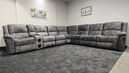 GALAXY Grey Plush Velvet Fabric Electric Reclining 3C3C Corner Sofa | Cooling Cupholders & USB Ports