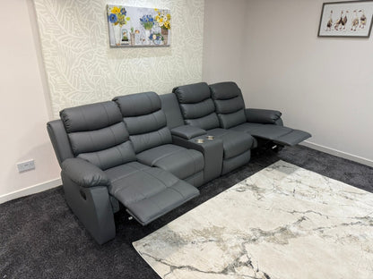 Lando Grey Leather 4 Seater Sofa With Drinks Console | Fold Down Tray Table, High Headrest & Seating Position Couch