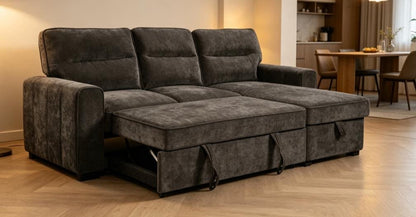 (Back in stock 15th August) 'Lionel' Charcoal Grey Fabric Right Hand Facing Corner Sofa Bed With Storage