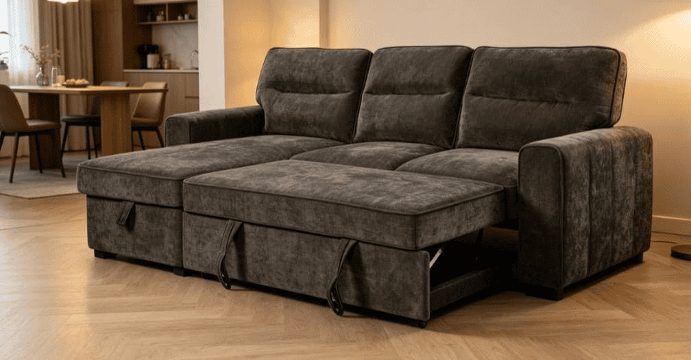 (Back in stock 15th August) 'Lionel' Charcoal Grey Fabric Left Hand Facing Corner Sofa Bed With Storage