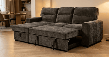 (Back in stock 15th August) 'Lionel' Charcoal Grey Fabric Left Hand Facing Corner Sofa Bed With Storage