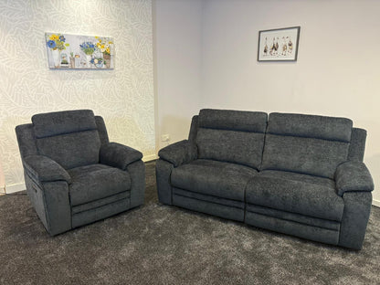 "Barretta" Electric / Power Reclining Grey Fabric Sofa Set - USB Charging & Drinks Tray Table