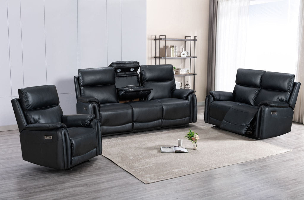 Supreme Black Leather Electric / Power Reclining 3 Seater 2 & Armchair Sofa Suite Set