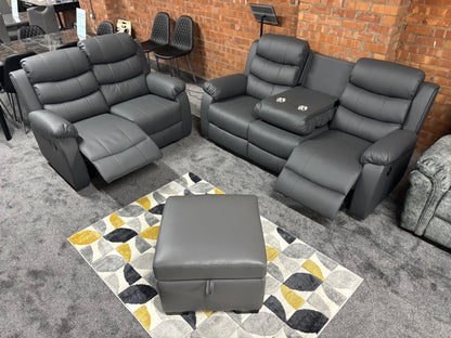 Lando Grey Leather 3 + 2 Seater + Storage Footstool Reclining Sofa Set With Drinks Tray Table Plus A High Backrest & Seating Position | Couch |