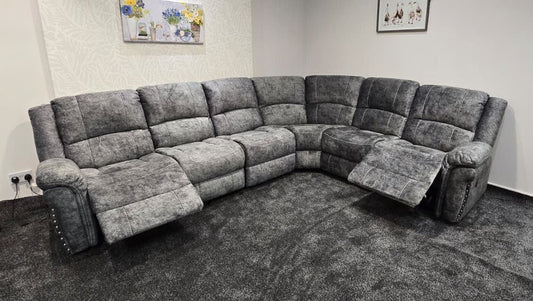 GALAXY Grey Plush Velvet Fabric Electric Reclining 3C2 Corner Sofa & USB Ports