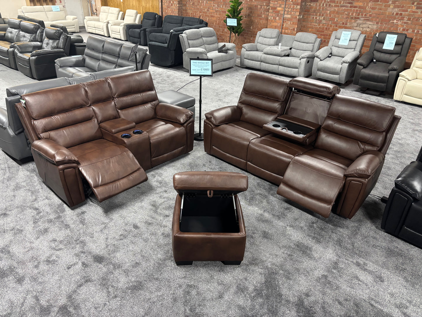 Donald Brown Leather Electric / Power Reclining 3 Seater + 2 Seater + Storage Footstool Sofa Set With USB Charging Ports & Drop Down Tray Table