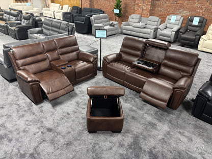 Donald Brown Leather Electric / Power Reclining 3 Seater + 2 Seater + Storage Footstool Sofa Set With USB Charging Ports & Drop Down Tray Table