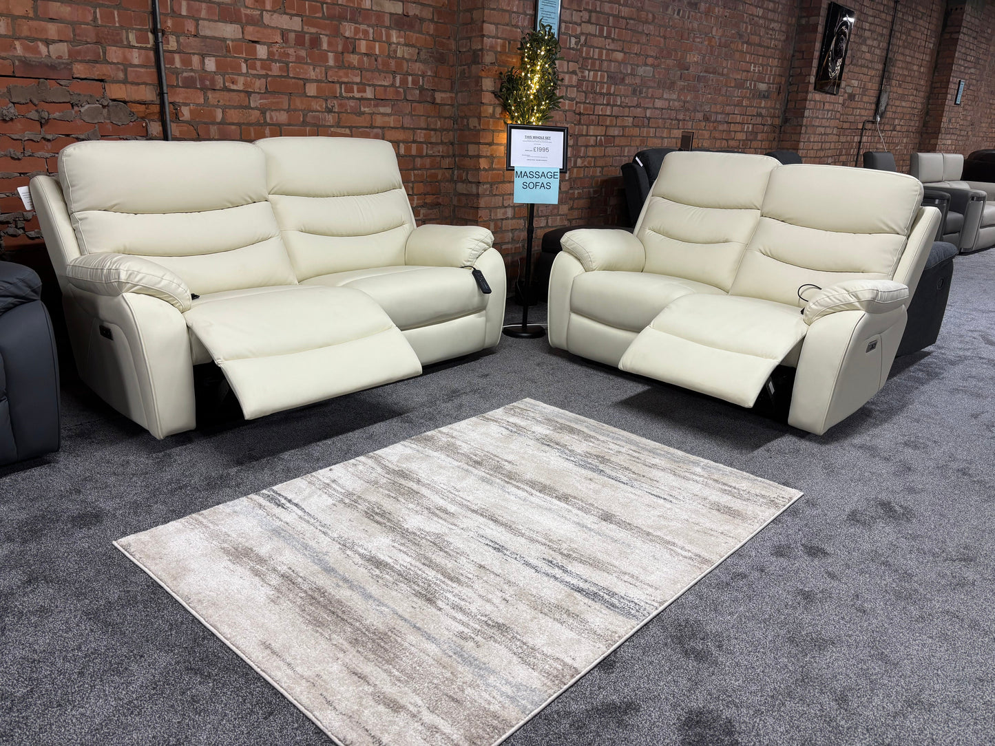 "Bertie" Cream Leather Electric Reclining Massage Sofa Range With Power Headrests & USB Charging Ports For Ultimate Comfort