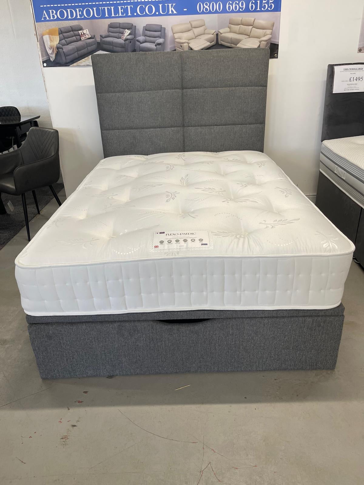 'Indulgence' Grey Fabric Ottoman Bed Frame & Firm Mattress Package - Available In 4'6ft Double or 5ft King