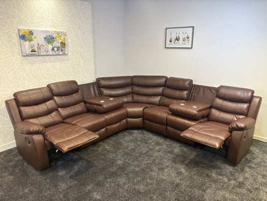 "Lando" Brown Leather 3C3 Recliner Corner Sofa | Drinks Tray Table x 2 | Modular