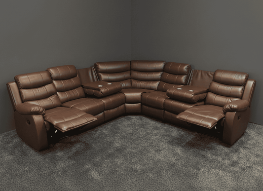 "Lando" Brown Leather 3C3 Recliner Corner Sofa | Drinks Tray Table x 2 | Modular