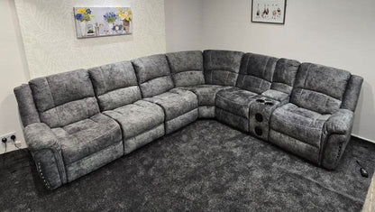 GALAXY Grey Plush Velvet Fabric Electric Reclining 3C2C Corner Sofa, Drinks Coolers & USB Ports