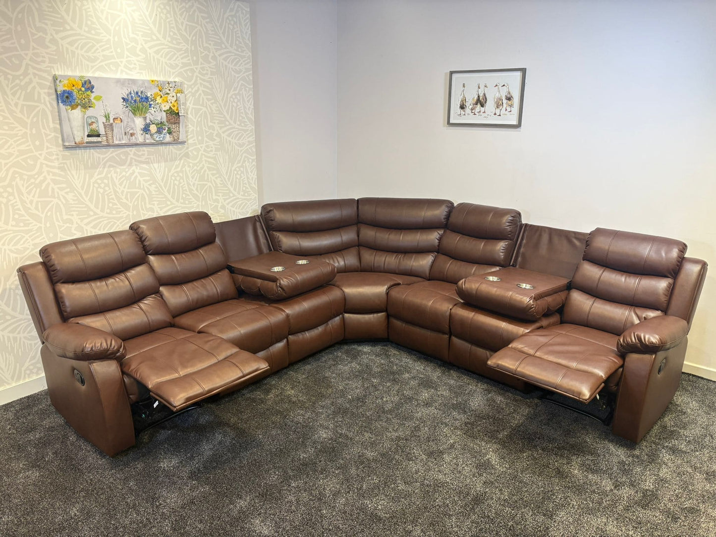 "Lando" Brown Leather 3C3 Recliner Corner Sofa | Drinks Tray Table x 2 | Modular