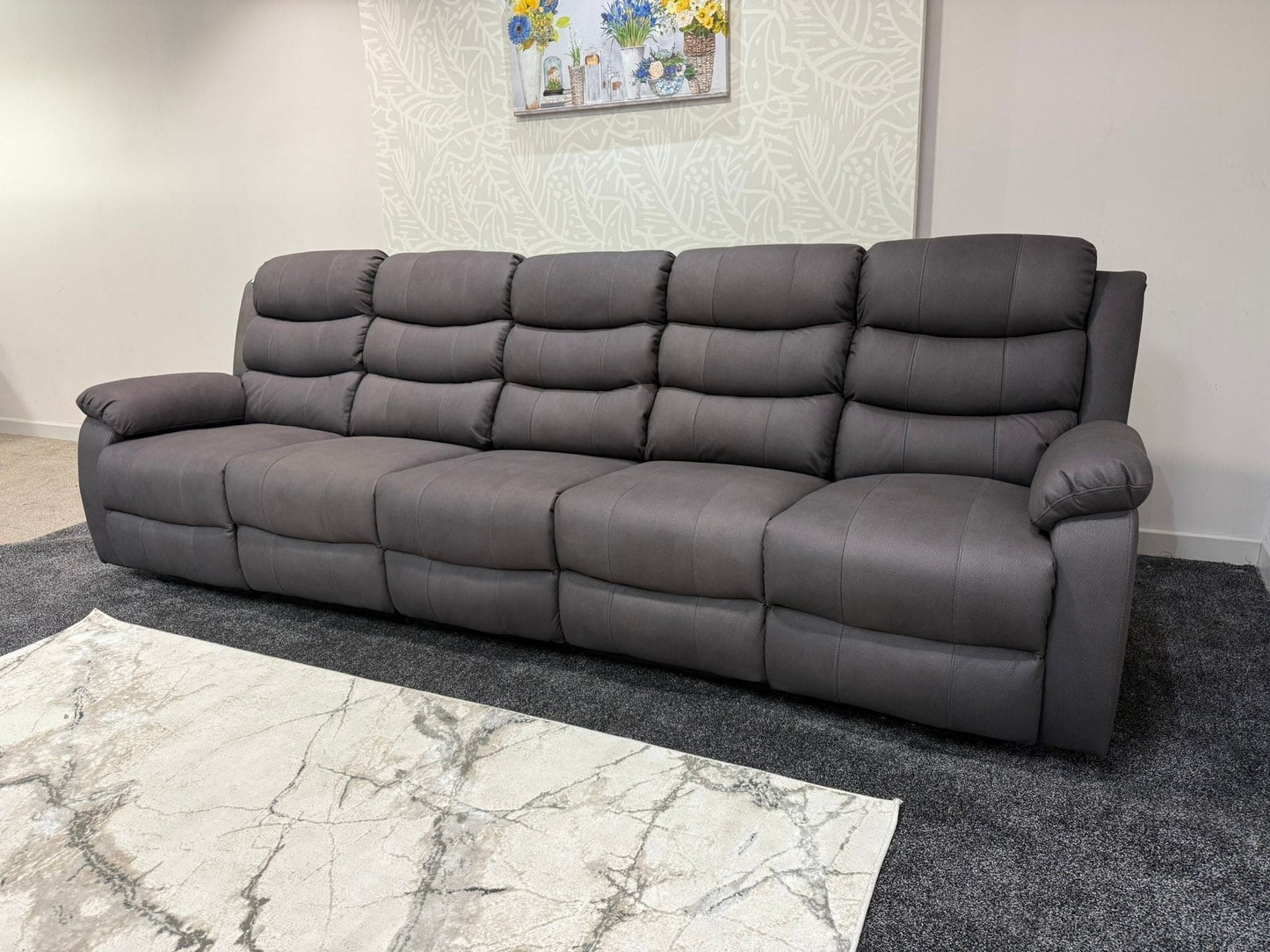 Willow Grey Easy Clean Fabric 5 Seater Sofa | 2 x Fold Down Tray Table, High Headrest & Seating Position Couch