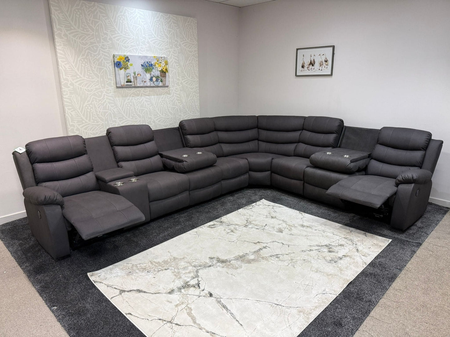 "Willow" Dark Grey Fabric 4C3C Recliner Corner Sofa | Drinks Tray Table | Easy Clean Fabric | Modular