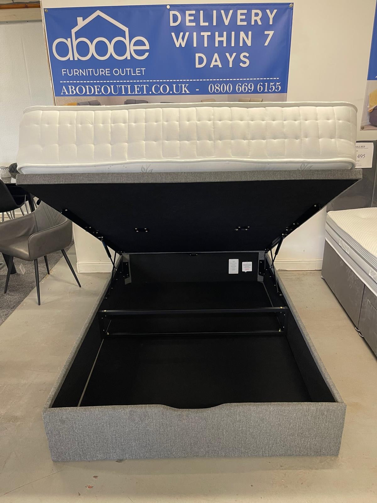 'Indulgence' Grey Fabric Ottoman Bed Frame & Firm Mattress Package - Available In 4'6ft Double or 5ft King