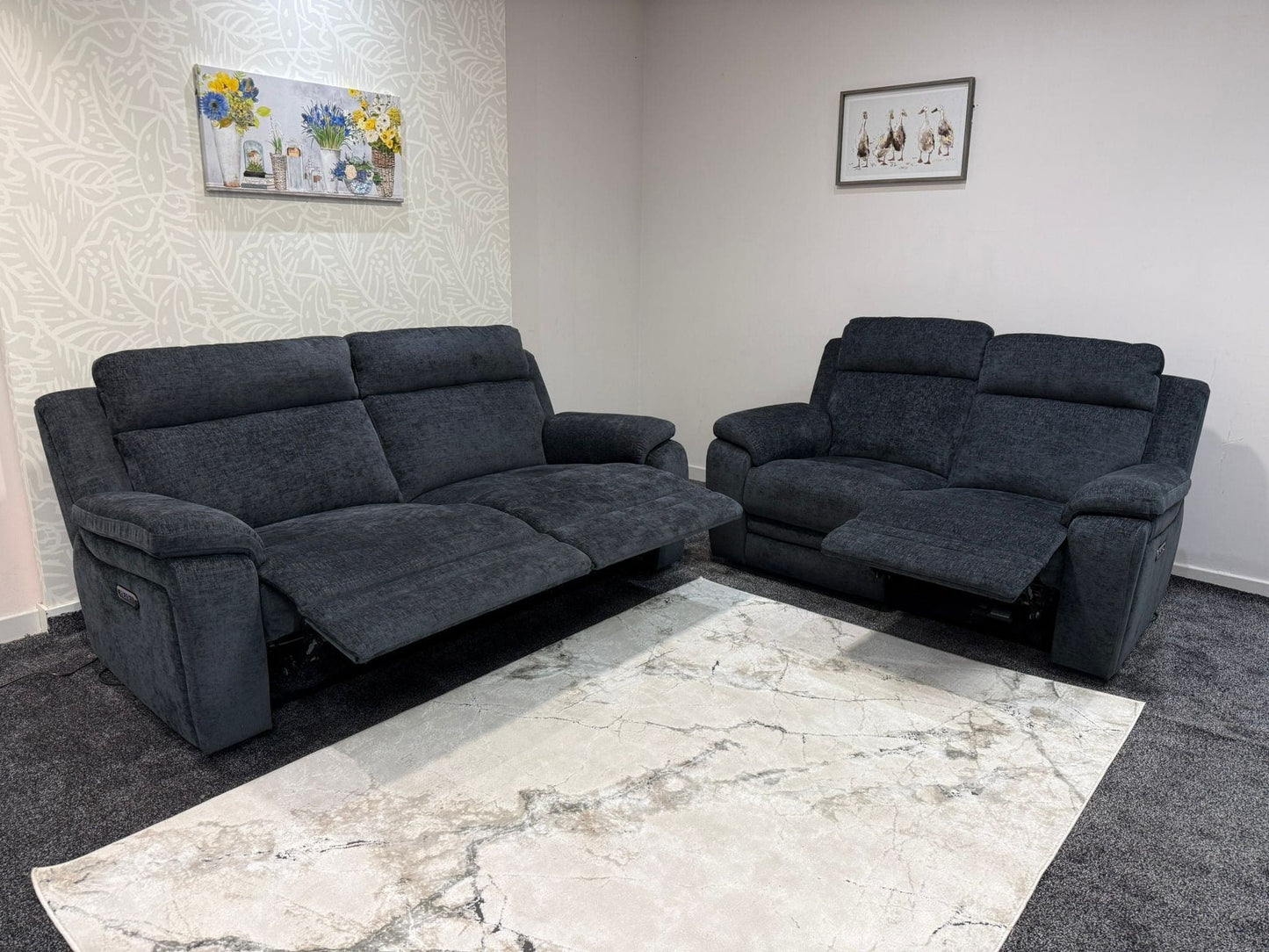 "Barre" Electric / Power Reclining Grey Fabric 3 + 2 Seater Sofa Set - USB Charging Ports
