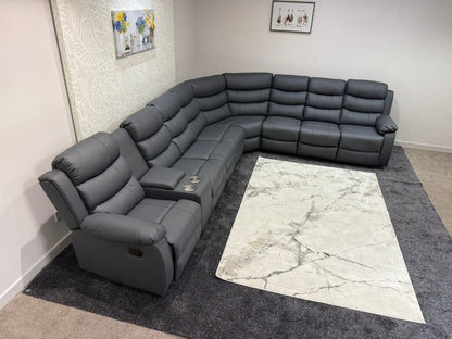 "Lando" Grey Leather 4C3C Recliner Corner Sofa Reversible | 2 x Drinks Tray Table | Modular