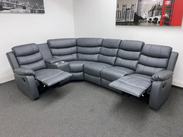 Landos Lhf Modular Recliner 5 Seat Grey Leather Corner Sofa With Drinks Console Sofas