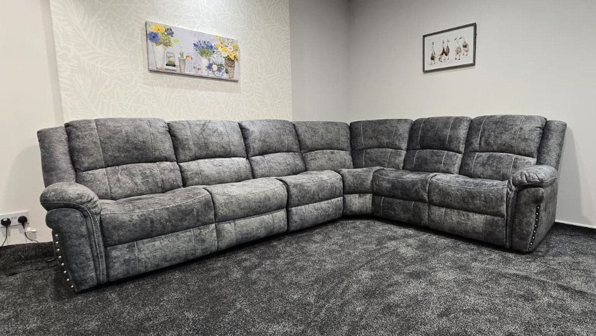 GALAXY Grey Plush Velvet Fabric Electric Reclining 3C2 Corner Sofa & USB Ports