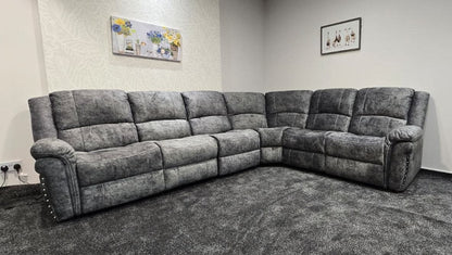 GALAXY Grey Plush Velvet Fabric Electric Reclining 3C2 Corner Sofa & USB Ports