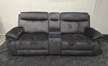 "Xavier" Cinema Sofa in Grey Plush Fabric & Comes With Power Recliners, USB Charging Ports, Drinks Cooling Cup Holders Plus Wireless Charging & Storage. Laf + RAF + Tech Console