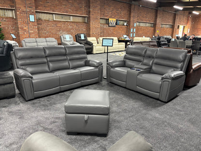 Donald Grey Leather Electric / Power Reclining 3 Seater + 2 Seater + Storage Footstool Sofa Suite Set With Drinks Coolers USB Charging Ports & Drop Down Tray Table