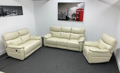 DFS Ivory / Cream Milano Leather Electric Reclining 3 Seater + 2 Seater Sofa + Armchair Suite Set | Drop Down Drinks Tray Table | 2 Stage Recline Feature | USB Device Charging Ports | Couch |