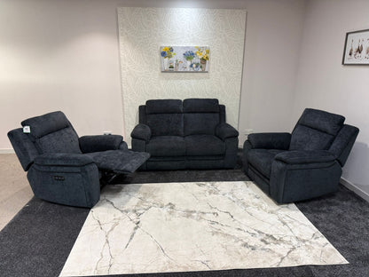 "Barre" Electric / Power Reclining Grey Fabric 2 Seater Sofa + 2 Armchairs Sofa Set - USB Charging Ports