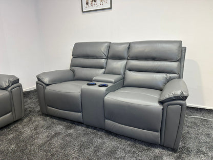 Donald Grey Leather Electric / Power Reclining 3 Seater + 2 Seater Sofa Suite Set With Drinks Coolers USB Charging Ports & Drop Down Tray Table