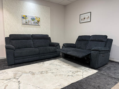 "Barre" Electric / Power Reclining Grey Fabric 3 + 2 Seater Sofa Set - USB Charging Ports