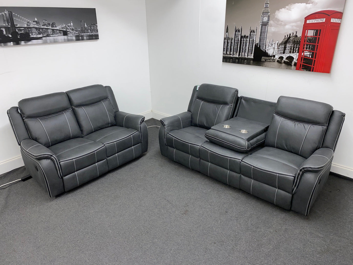 " Sloane Vision " Grey Water Resistant Microfibre Fabric 3 + 2 Seater Electric / Power Recliner Sofa Suite Set With USB Ports & Drop Down Tray Table | Couch |