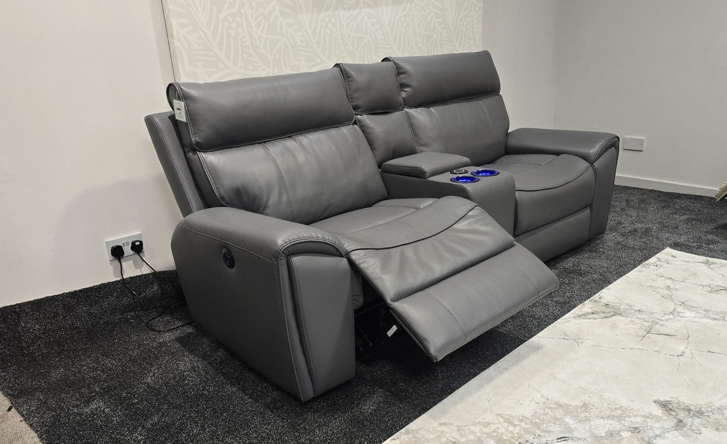"Ronan" Cinema Sofa in Milano Grey Leather Power Recliner Complete With USB & Wireless Charging. Laf + Raf + Console