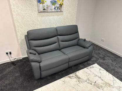 "Bertie" Grey Leather Electric Reclining Massage Sofa Range With Power Headrests & USB Charging Ports For Ultimate Comfort