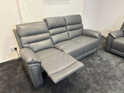 Donald Grey Leather Electric / Power Reclining 3 Seater + 2 Seater Sofa Suite Set With Drinks Coolers USB Charging Ports & Drop Down Tray Table