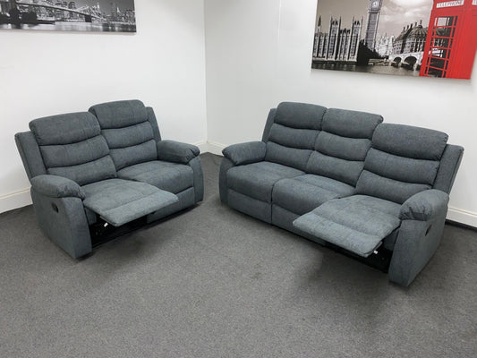 ‘Lewson’ Charcoal Grey Fabric Recliner 3 Seater + 2 Seater Sofa Set + Drinks Tray Table | Couch |