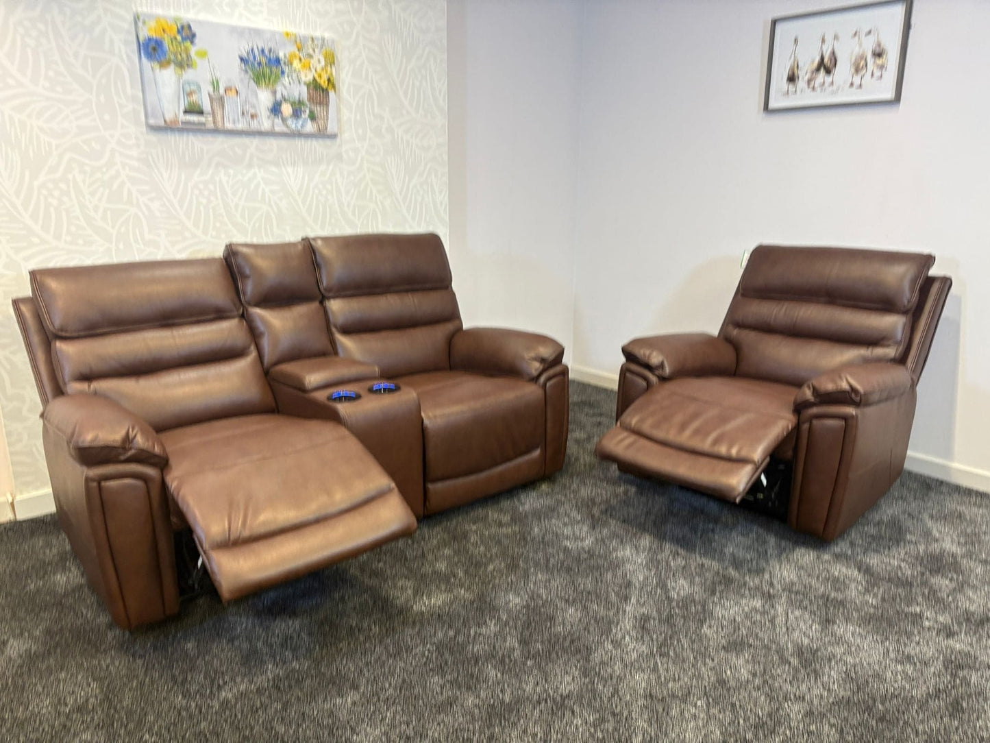 Donald Brown Leather Electric / Power Reclining Sofa Range Suite Set With USB Charging Ports & Drop Down Tray Table