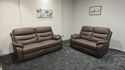 "Bertie" Brown Leather Electric Reclining Massage 3 Seater + 2 Seater Sofa Set With Power Headrests & USB Charging Ports For Ultimate Comfort