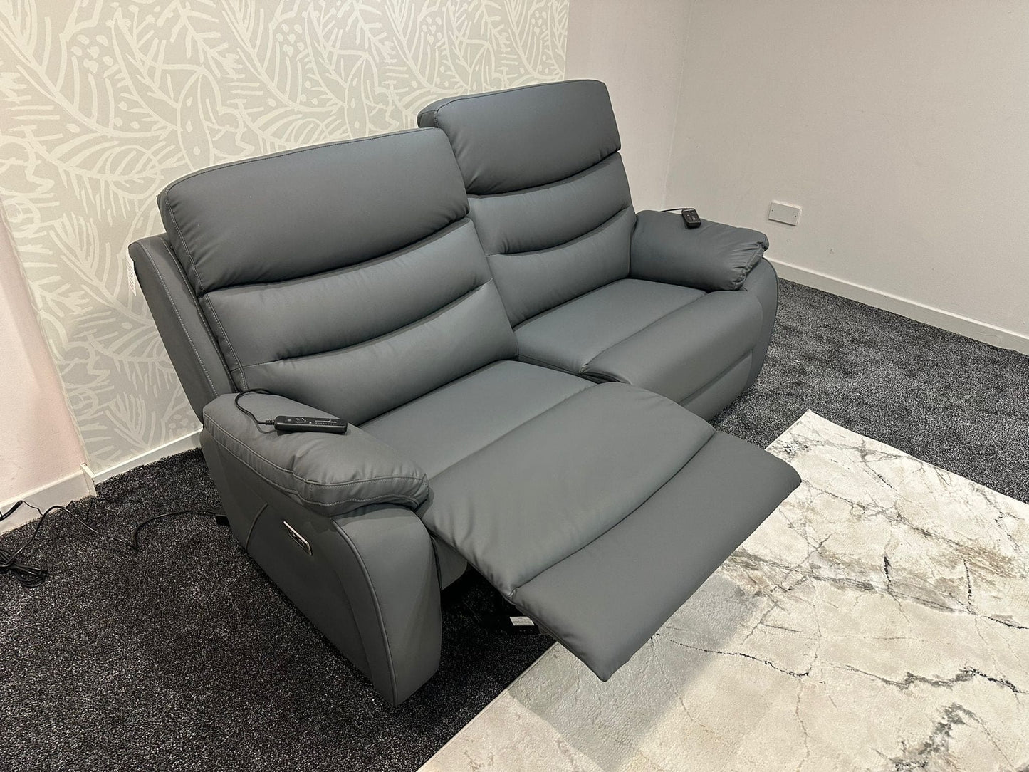 "Bertie" Grey Leather Electric Reclining Massage 3 Seater + 2 Seater Sofa Set With Power Headrests & USB Charging Ports For Ultimate Comfort