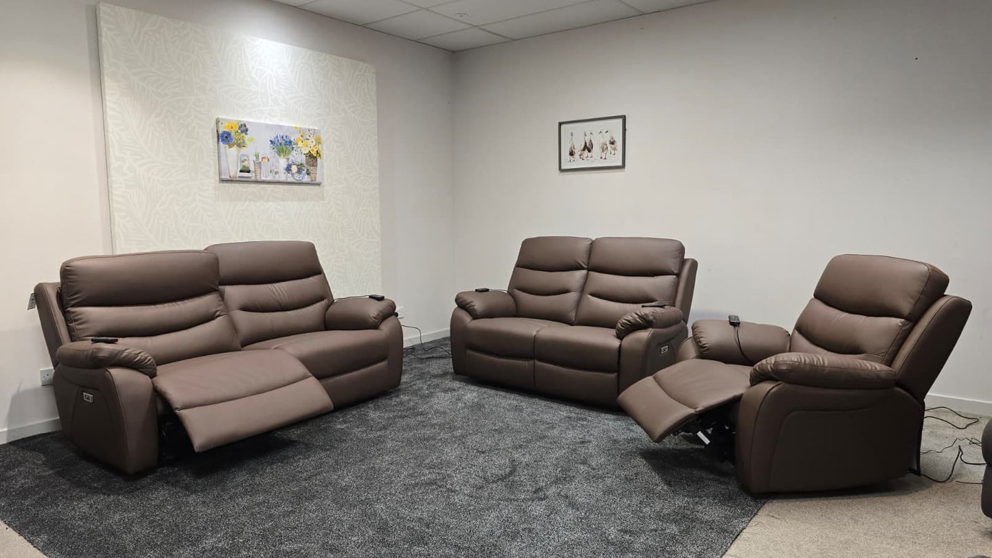 "Bertie" Brown Leather Electric Reclining Massage Sofa Range With Power Headrests & USB Charging Ports For Ultimate Comfort