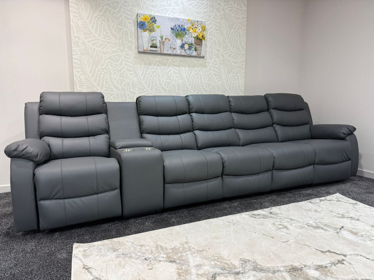 Lando Grey Leather 5 Seater Sofa With Drinks Console | Fold Down Tray Table, High Headrest & Seating Position Couch