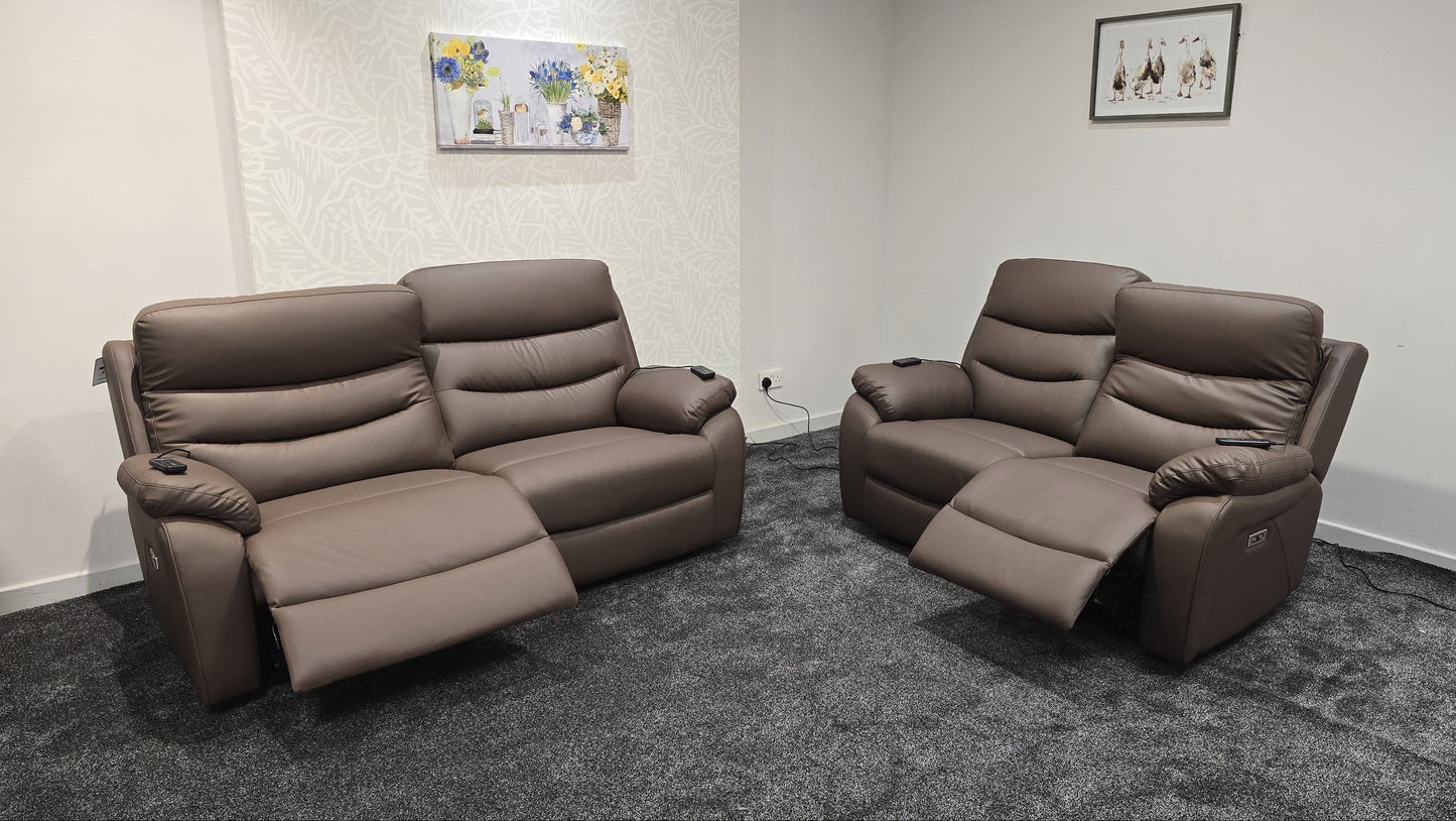 "Bertie" Brown Leather Electric Reclining Massage 3 Seater + 2 Seater Sofa Set With Power Headrests & USB Charging Ports For Ultimate Comfort