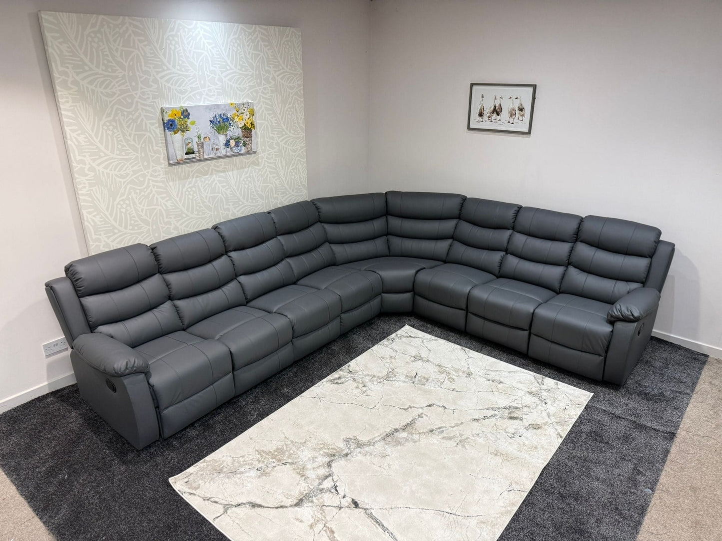 "Lando" Grey Leather 4C3 Recliner Corner Sofa Reversible | 2 x Drinks Tray Tables | Modular